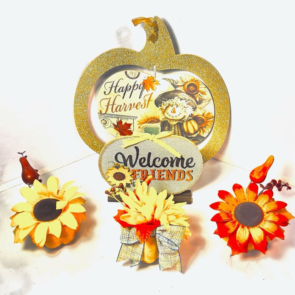 Thanksgiving Fall Harvest Home Decor , Pumpkins, Wood Signs, 5 Piece Lot